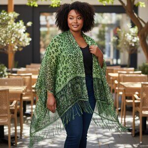 Leopard Paisley Print Forest Green Scarf Wrap, ash accents, metallic fringes,